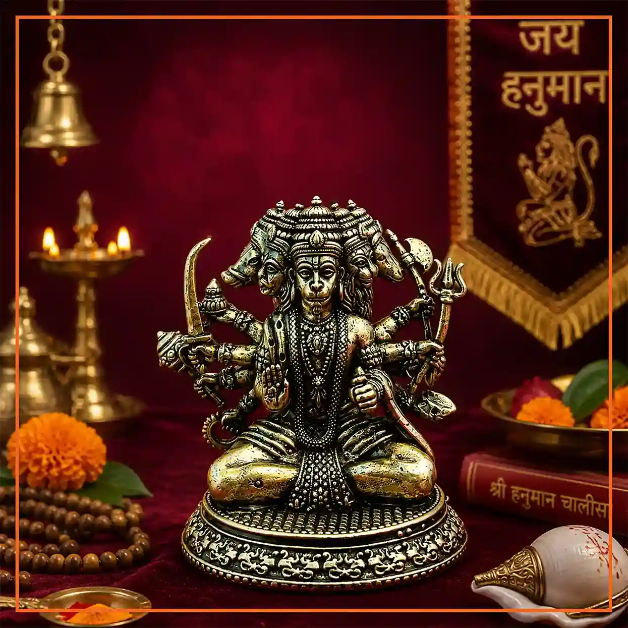 Brass Panchamukhi Hanuman Ji Padmasan Idol | 8cm